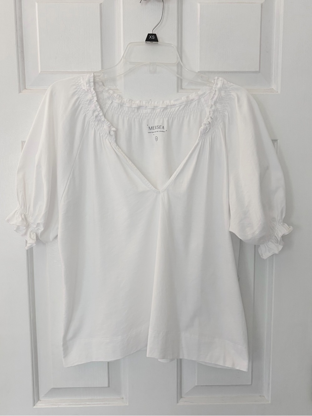 Mersea White Pima Cotton Ruffled Split V-Neck Short Puff Sleeve Top